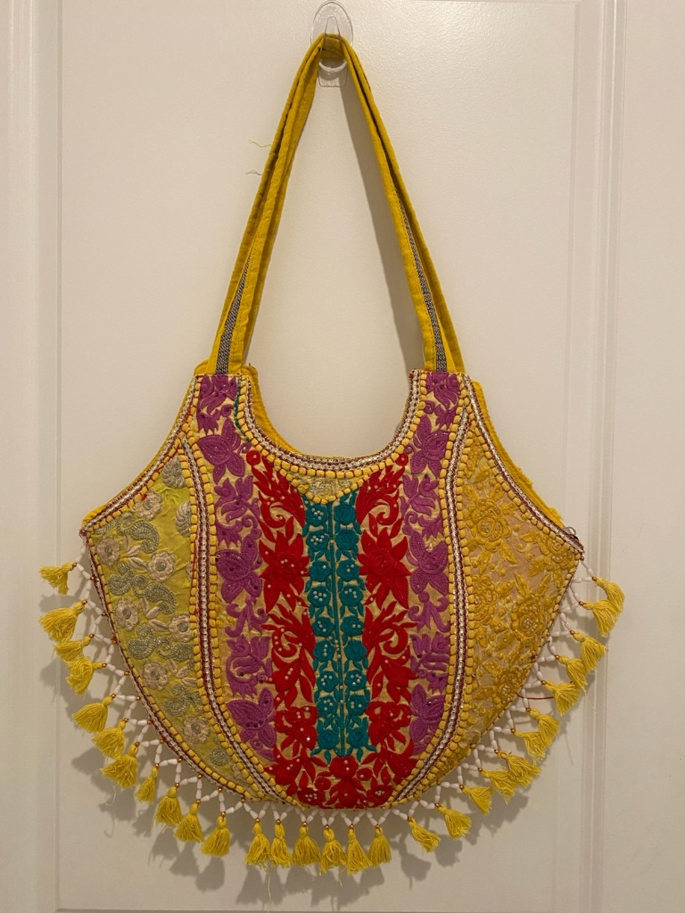 Embroidered Yellow Multicolor Tassel Shoulder Bag